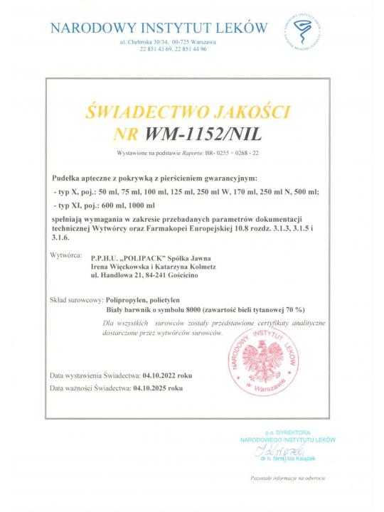 Certificate of the National Medicines Institute